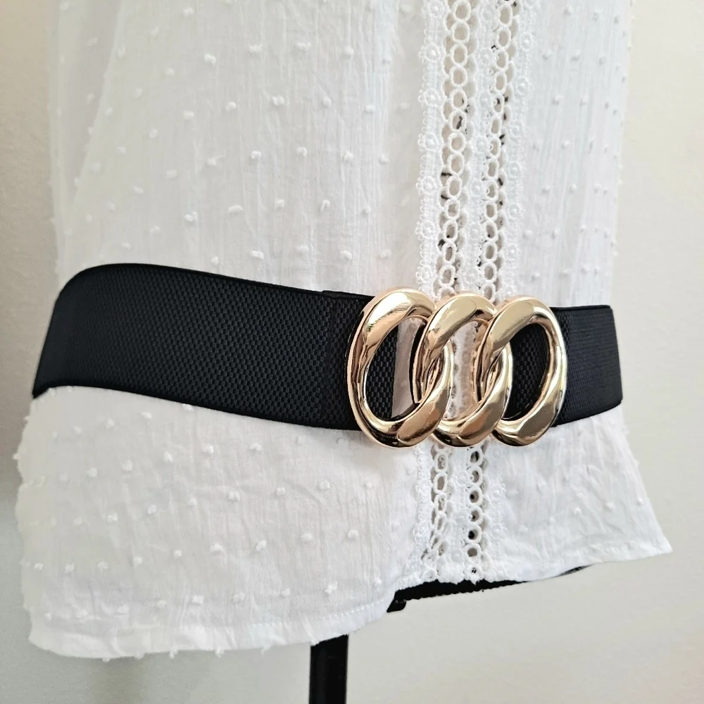 Black Stretch Wide Waist Belt Gold Triple Ring Buckle Elastic Classic Statement